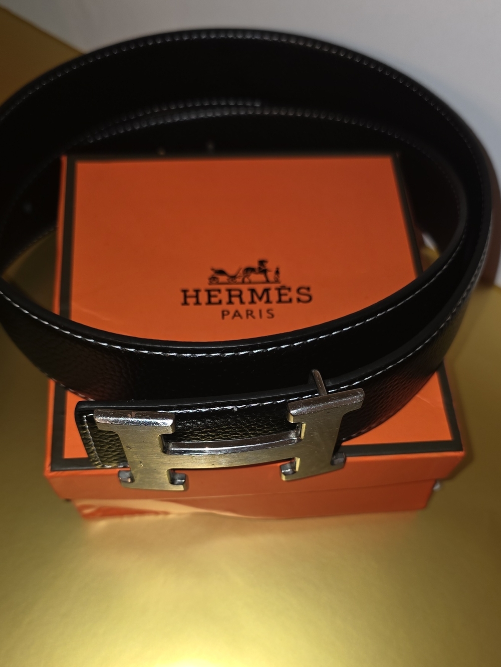 Hermes Black Leather Belt with Silver H Buckle